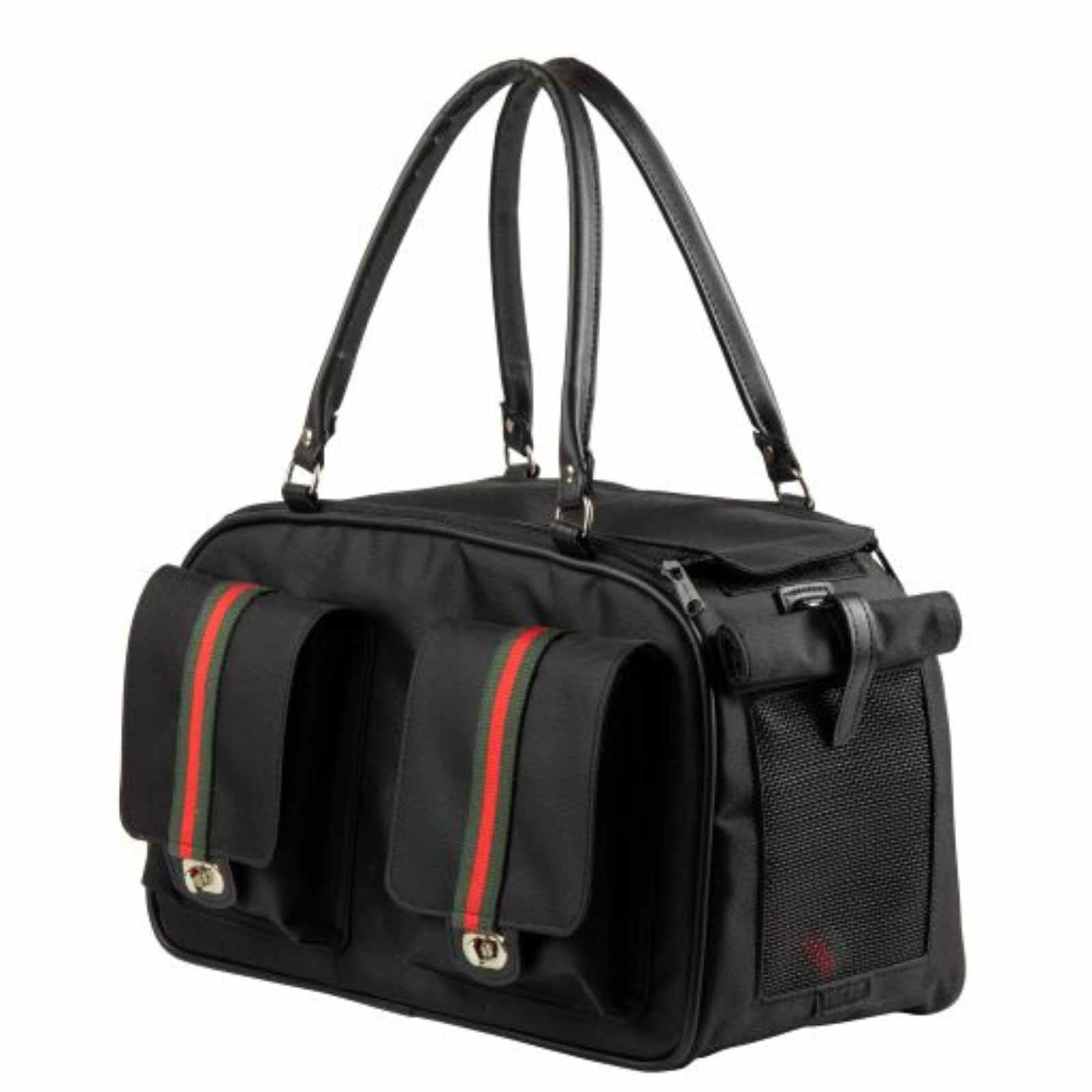 Black Petote Marlee 2 dog carrier showing luxury racing stripe accents and two front storage pockets with turn-lock closures.