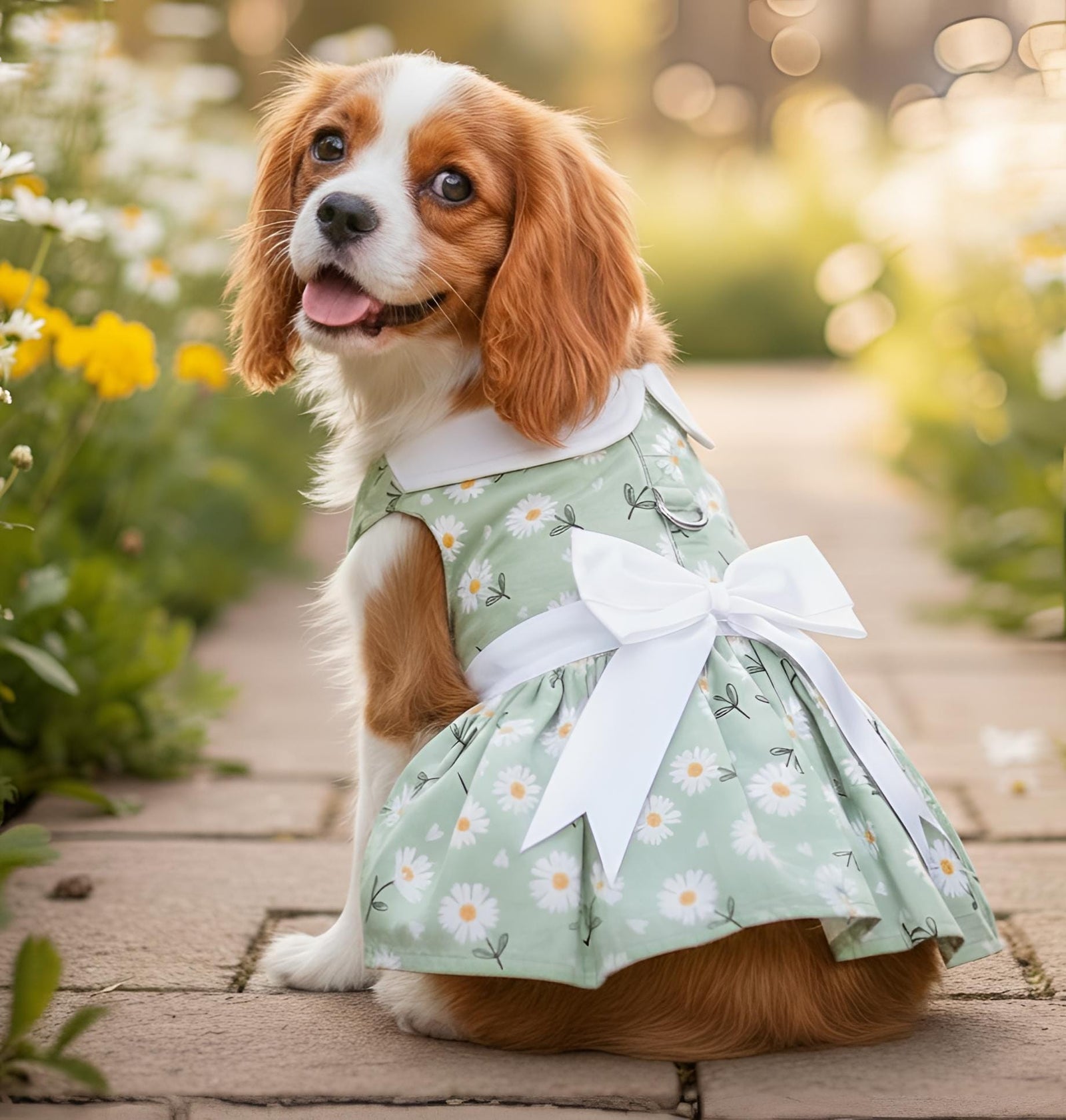 A Cavalier King Charles Spaniel wearing Mint Green Daisy Dog Dress