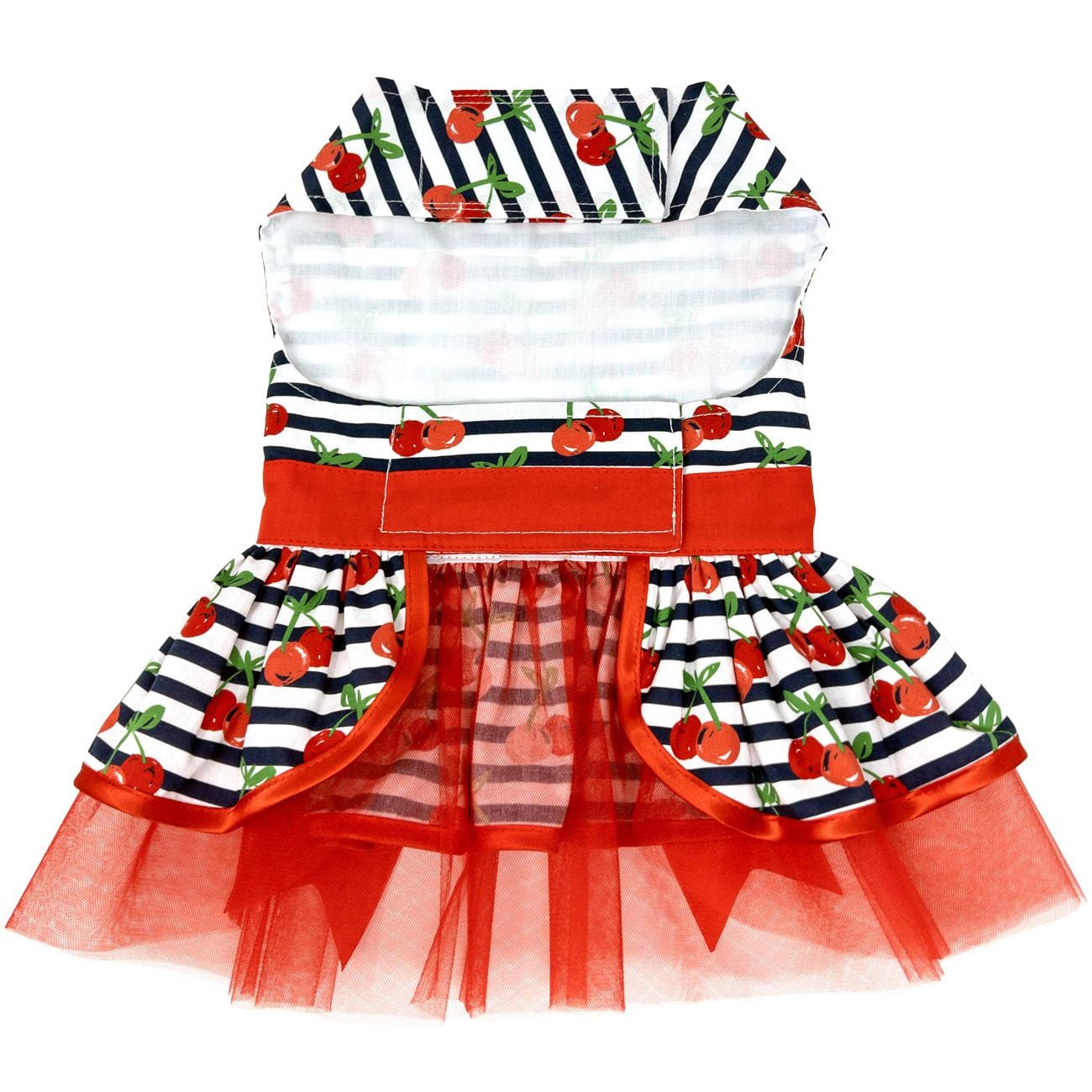 Cherry Stripe Dog Dress with Matching Leash - Belly View