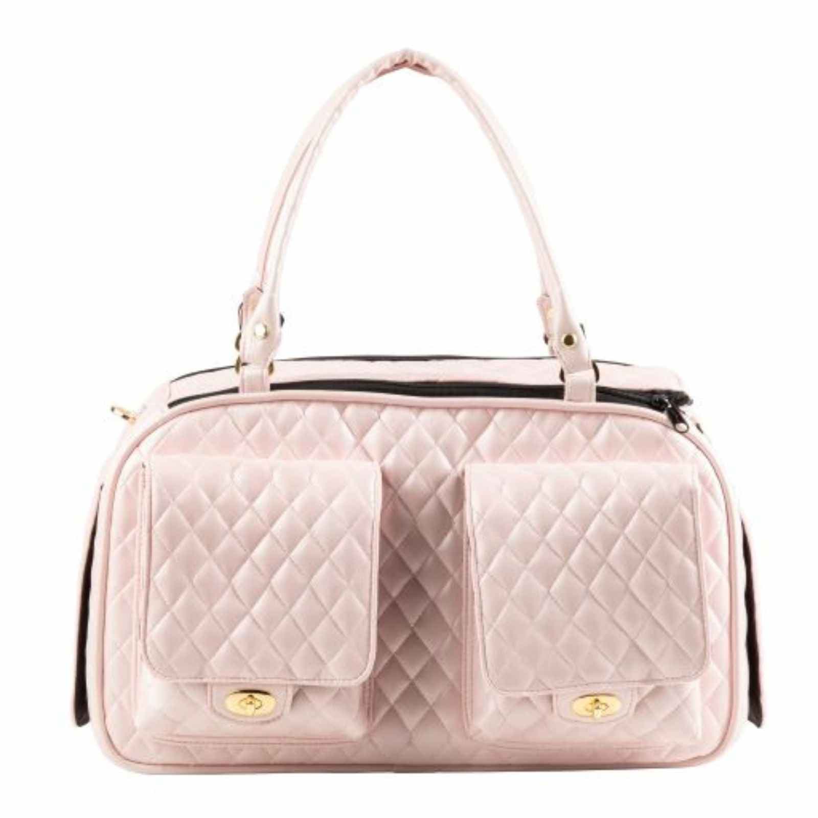 Pink quilted texture and two front storage pockets on the Marlee 2 dog carrier.