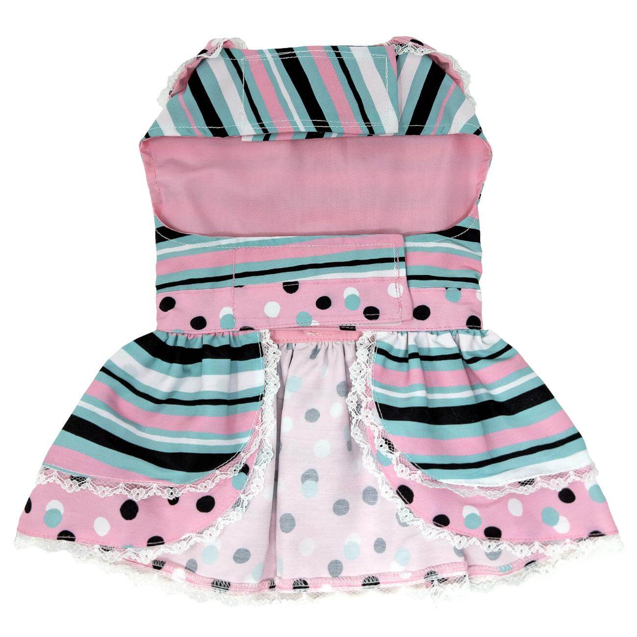 Pink & Teal Dots & Stripes Dog Dress - belly view