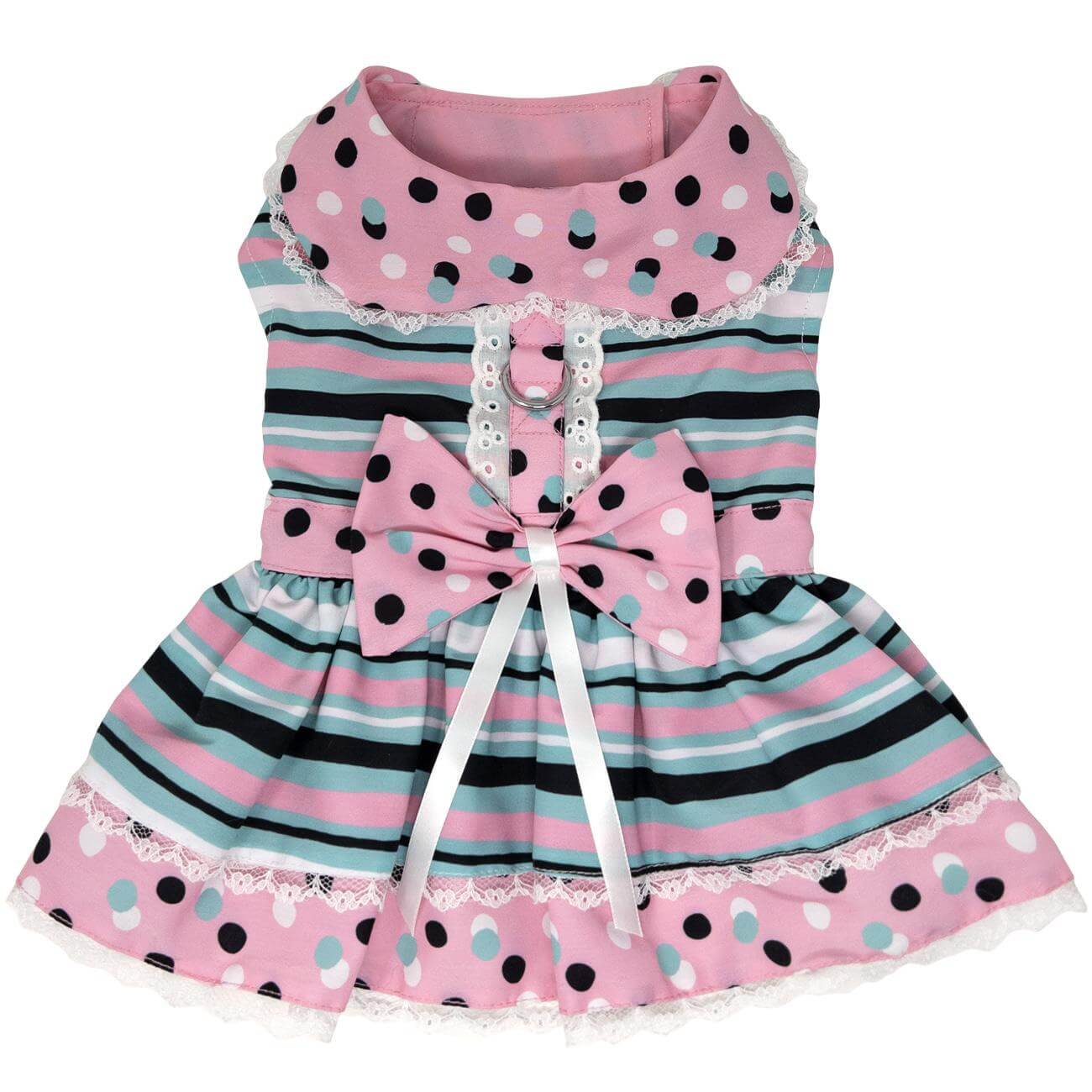 Pink & Teal Dots & Stripes Dog Dress with Matching Leash