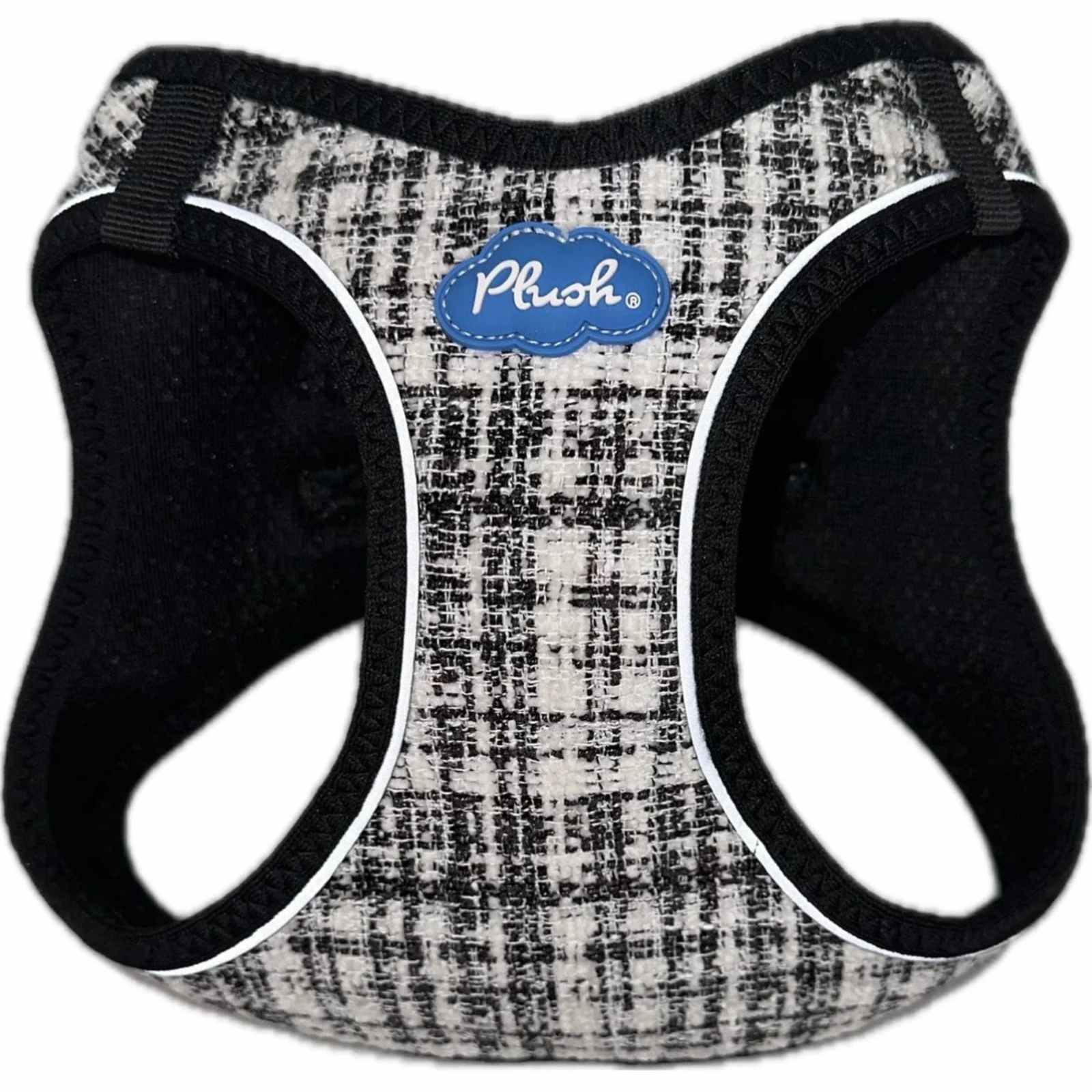 Plush brand black and white tweed small dog harness on a white background.
