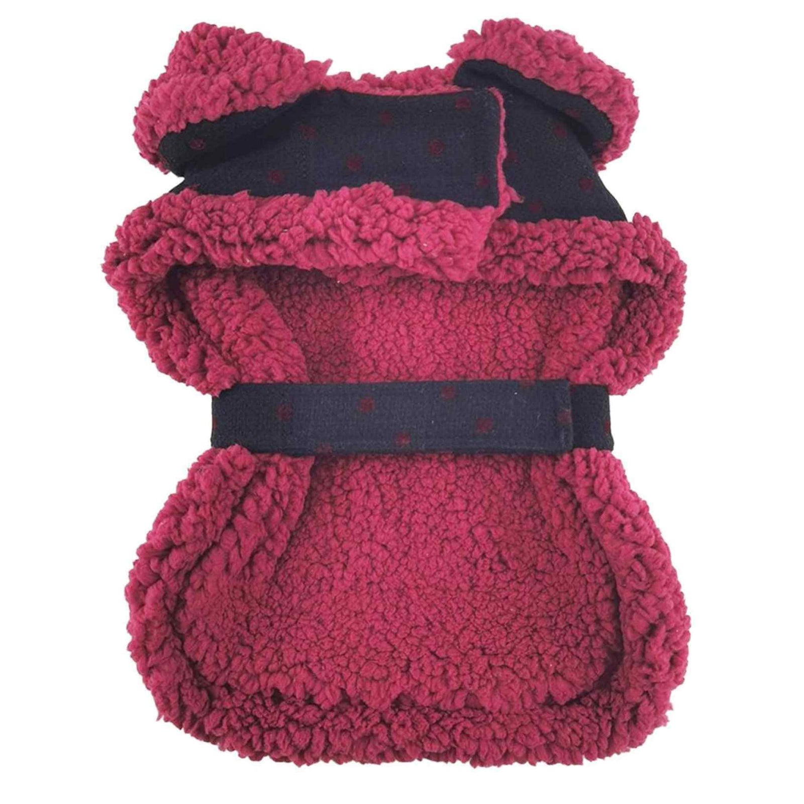Sherpa-Lined Dog Coat – Black & Burgundy Dots - belly view