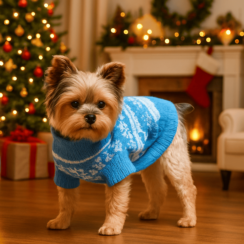 Blue Snowflake and hearts dog sweater on a Yorkie.