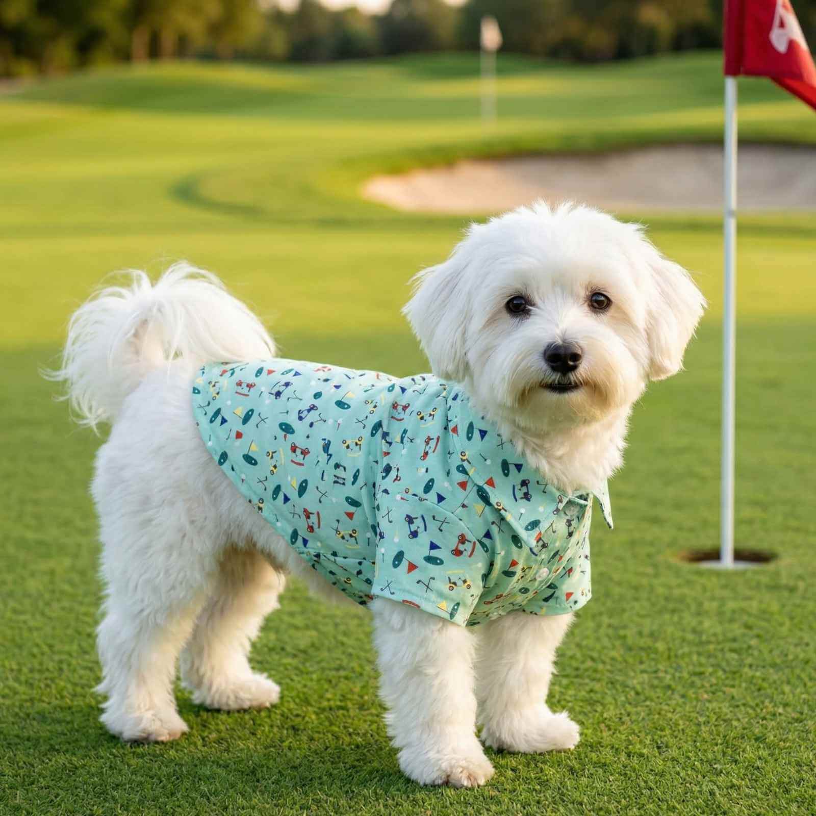 A small white dog on a golf course wearing a green Worthy Dog golf themed dog shirt.