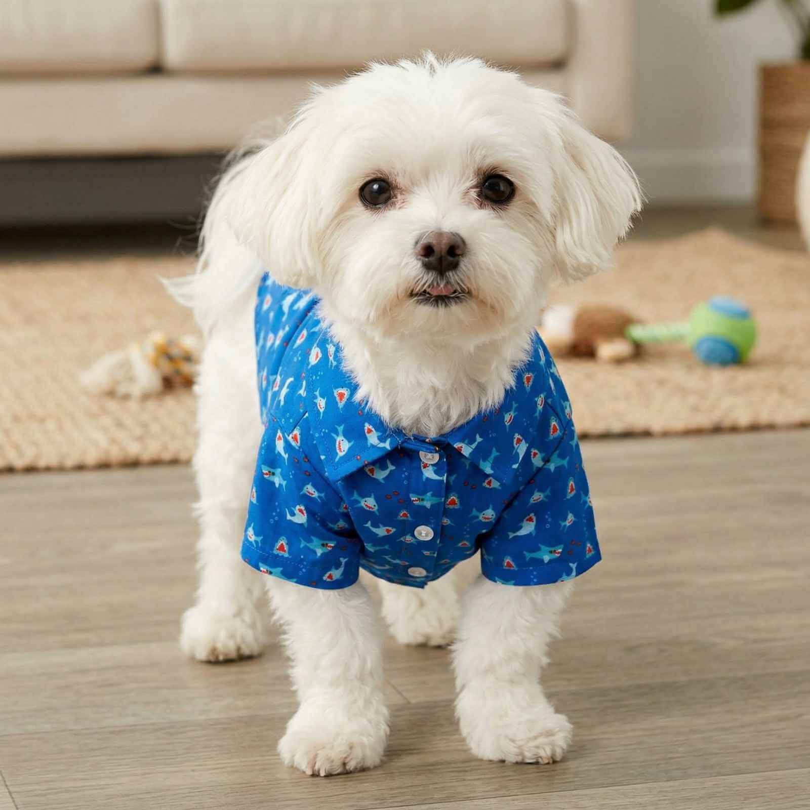 The Worthy Dog blue shark-themed dog shirt on a little white dog