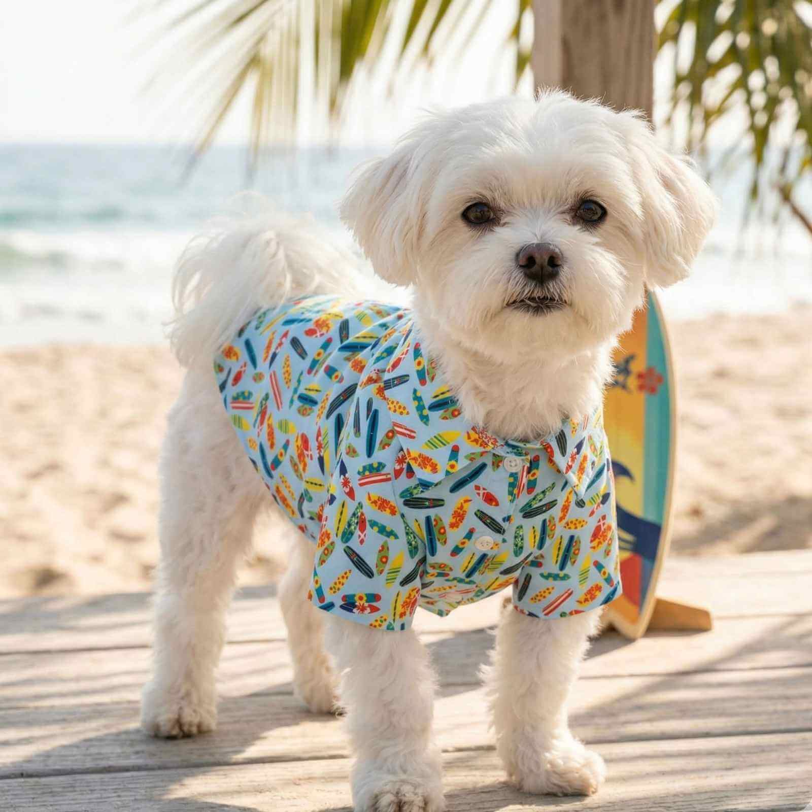 A small white dog on the beach wearing a Worthy Dog Surfs Up shirt.