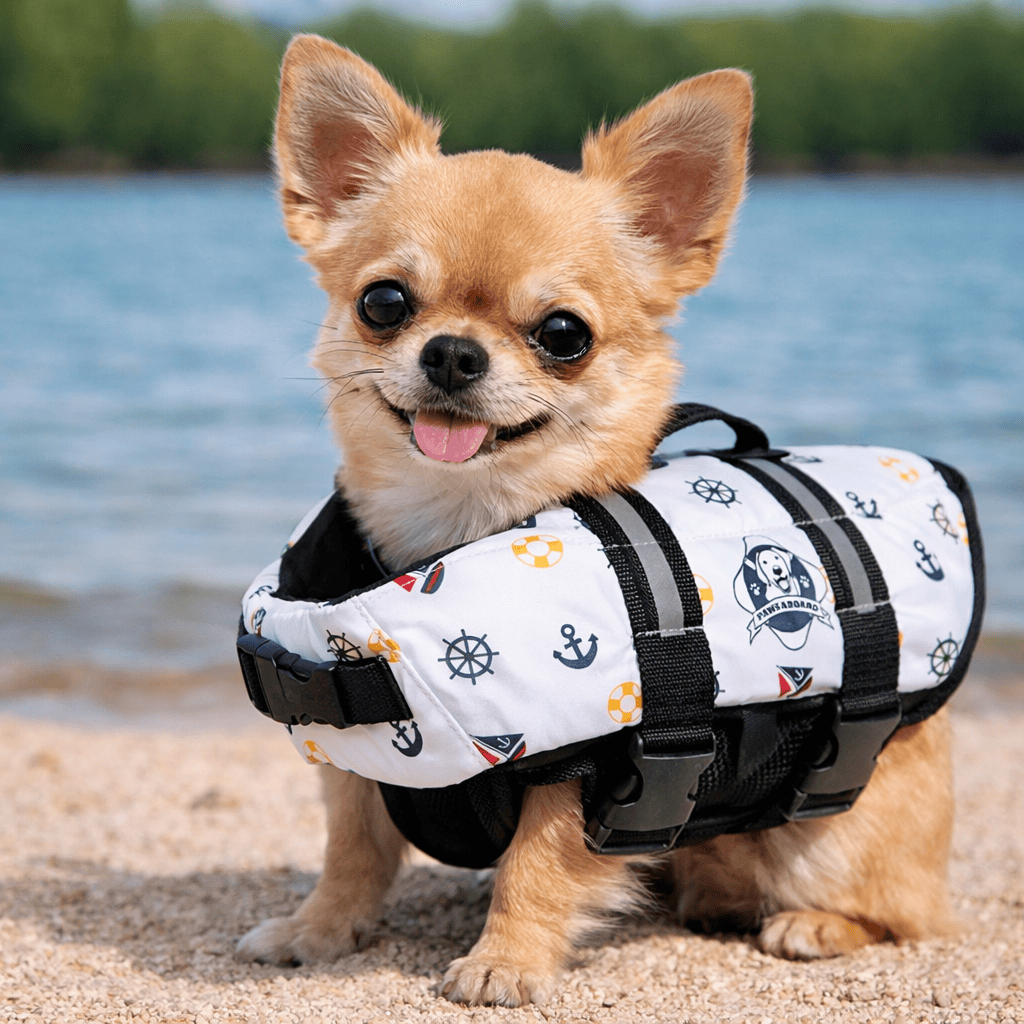 Small dog wearing an XXS life jacket on a beach