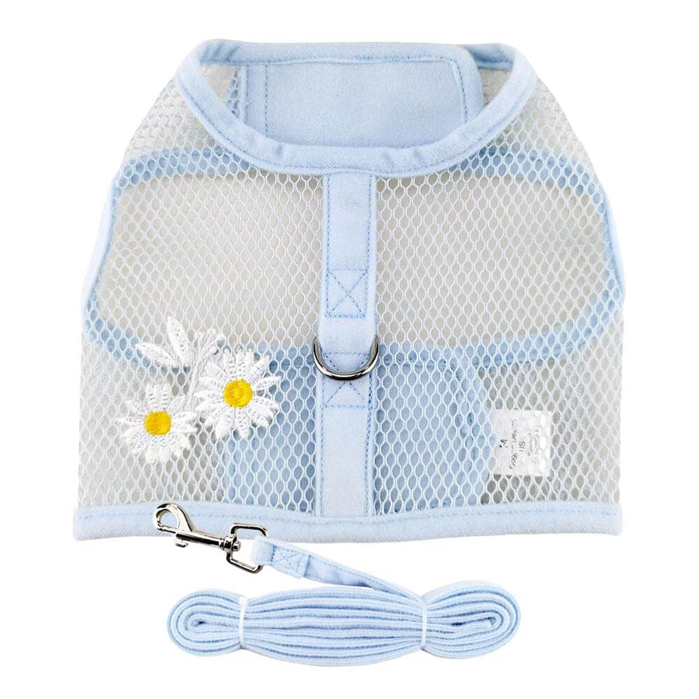 Blue Daisy Cool Mesh Dog Harness for Small Dogs. Light blue harness with a yellow and white applique.
