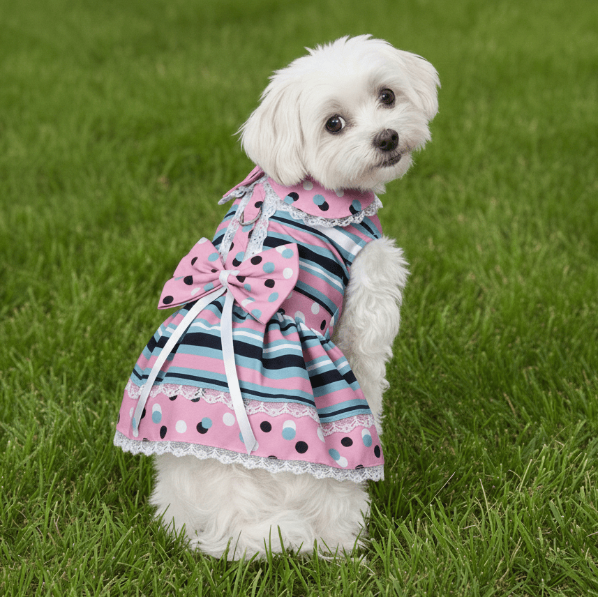 Pink and teal polka dot and striped small dog harness dress with matching leash and pink bow.