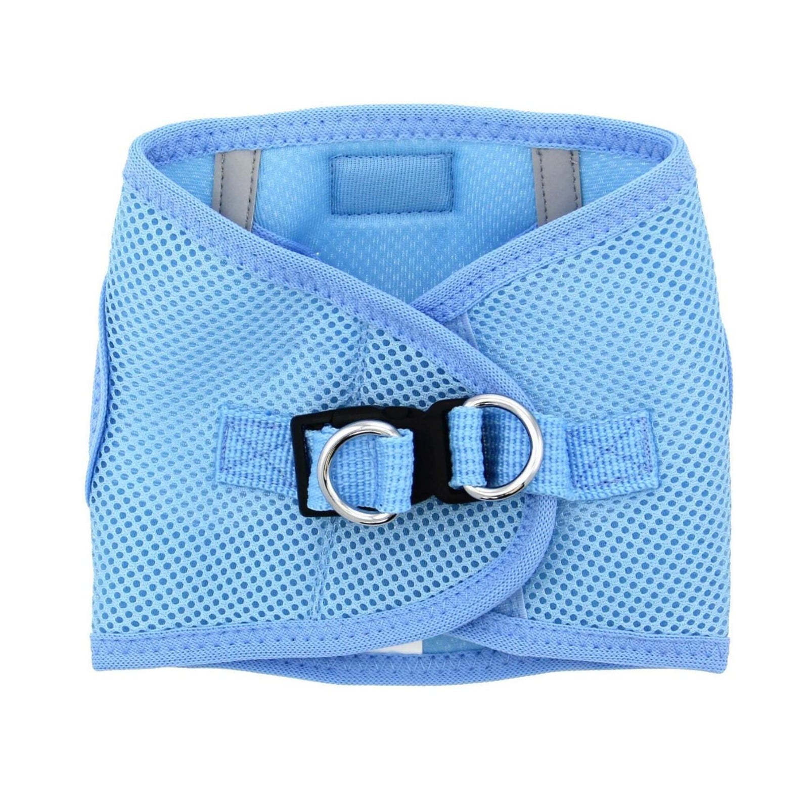 american river step in dog harness - light blue - buckle