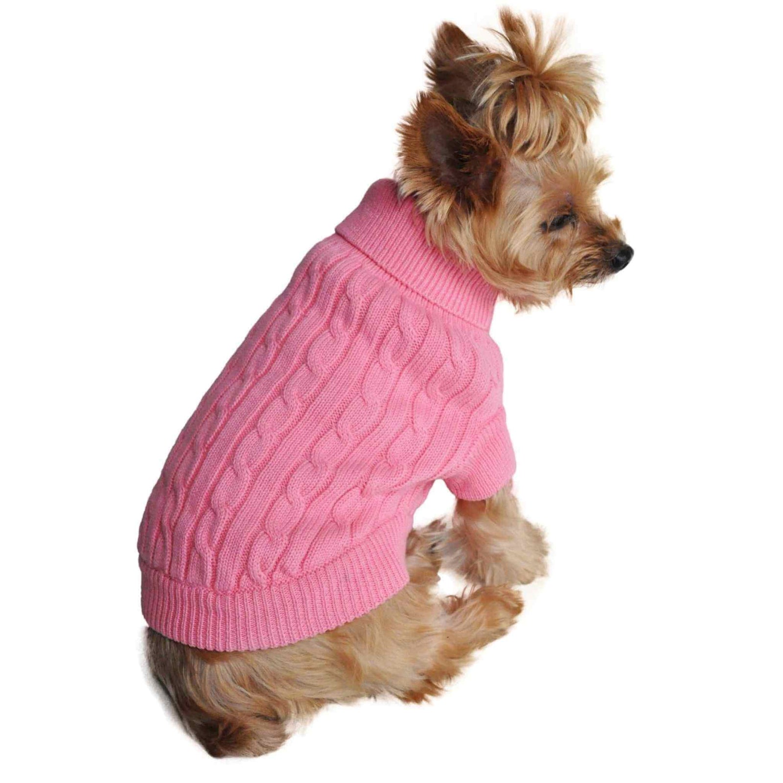 Combed Cotton Cable Knit Dog Sweater - Pink on a Yorkie