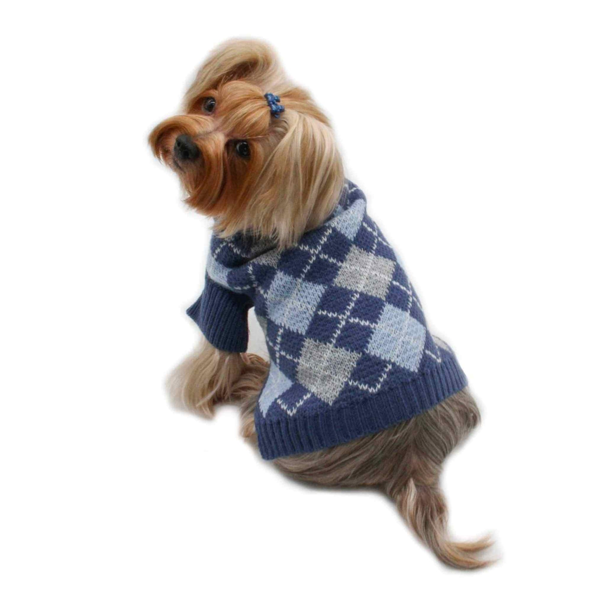Klippo Navy/Grey Argyle Turtleneck Dog Sweater on a Yorkie