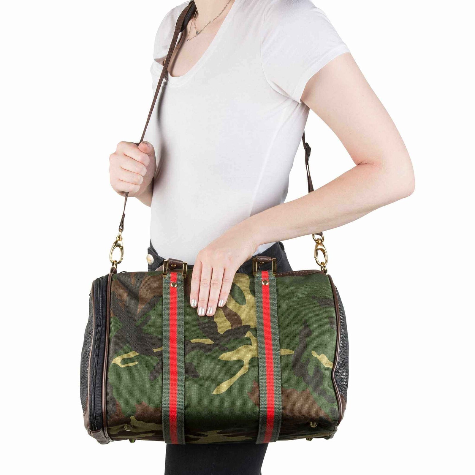 Petote JL Duffel Camo Designer Dog Carrier - over the shoulder of a model