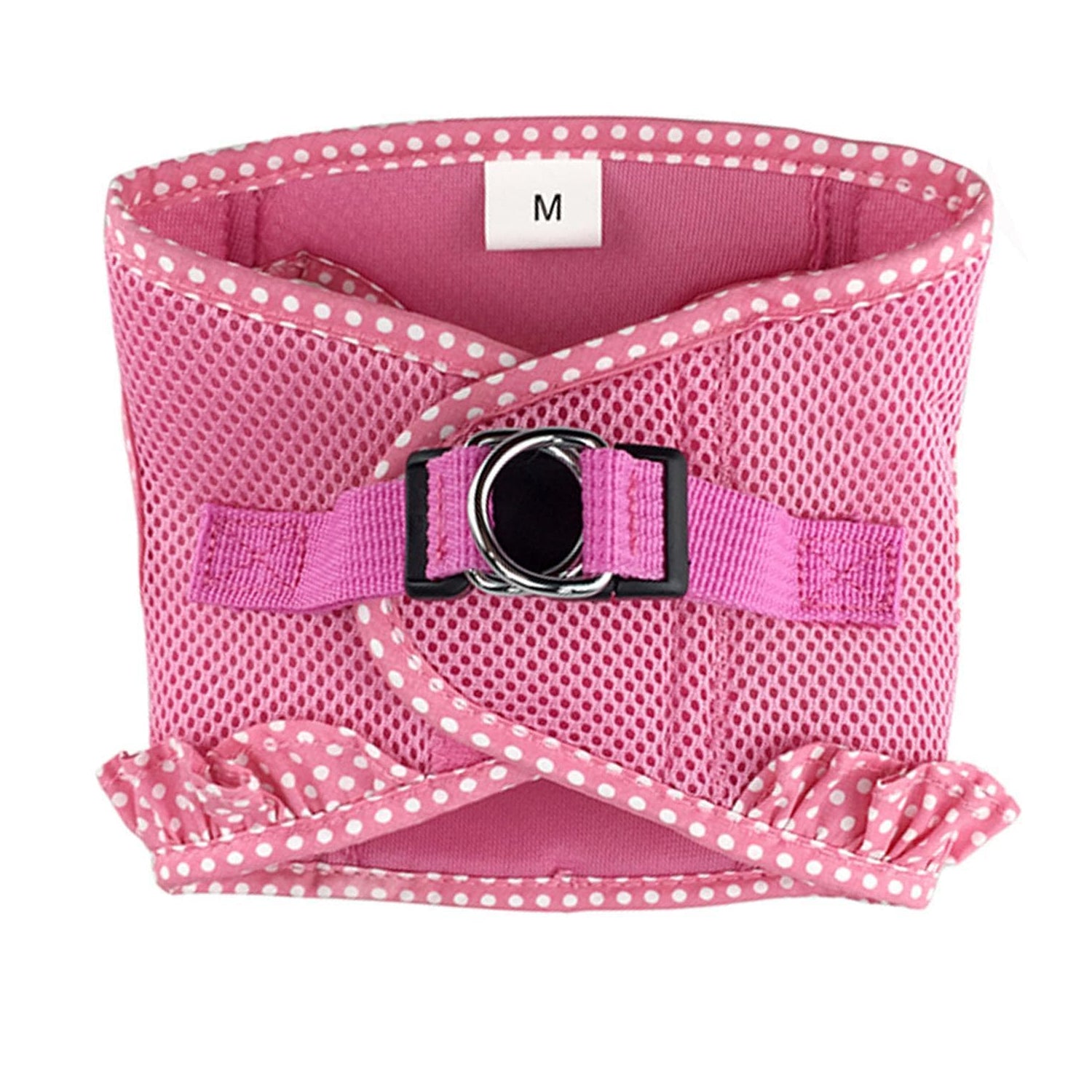 Top view of a Candy pink and white polka dot American River Polka Dot Step-in Dog Harness for small breeds.