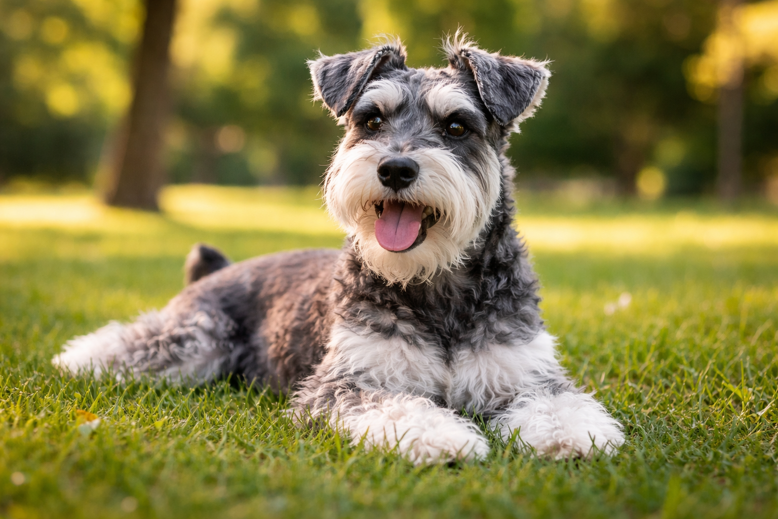 Miniature Schnauzer laying in the grass