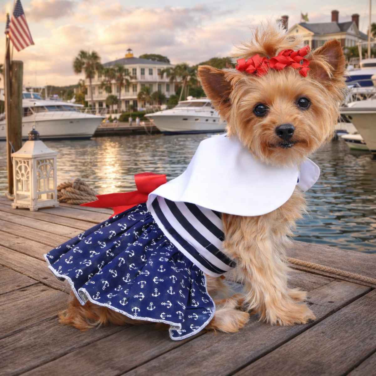 A Yorkie sitting on a dock wearing a red, white, and blue dog dress