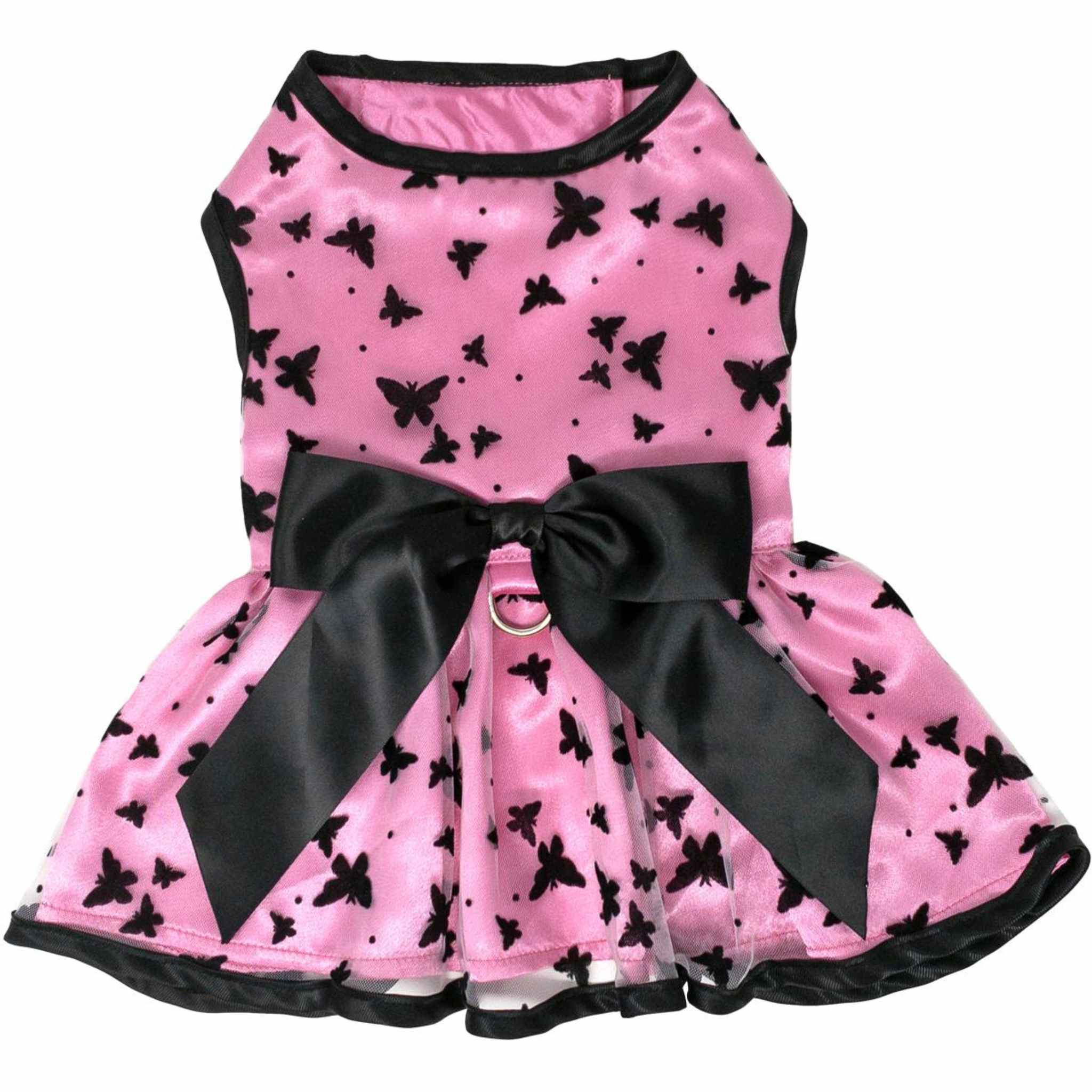 All Aflutter Pink & Black Small Dog Dress & Leash | DinkyDogClub All Aflutter Pink & Black Small Dog Dress & Leash | DinkyDogClub