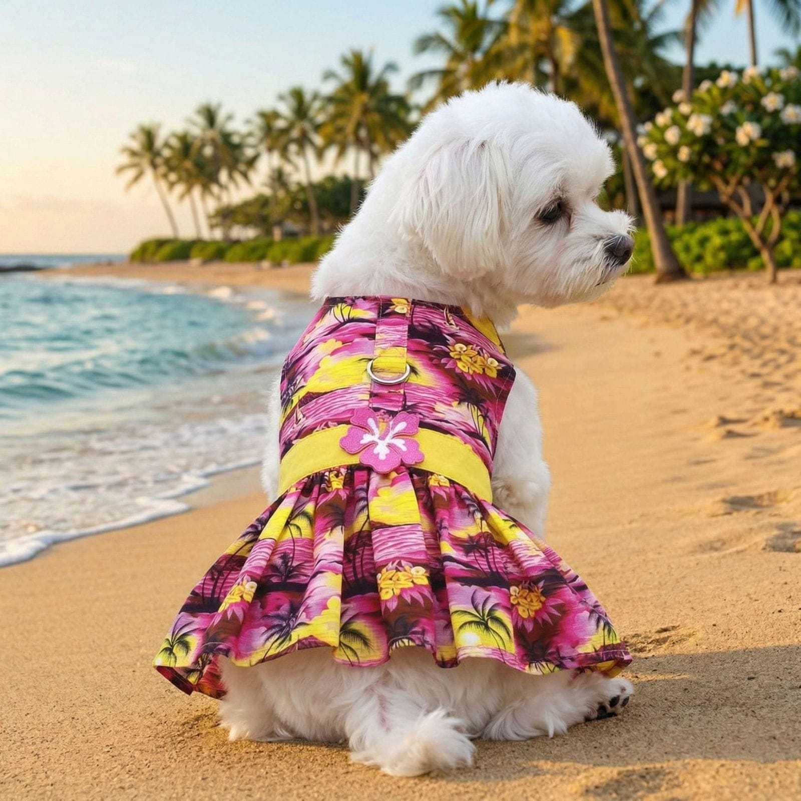 Small white dog wearing a Tropical Sunset Palm Tree Harness Dog Dress on a sandy beach with palm trees and ocean in the background.