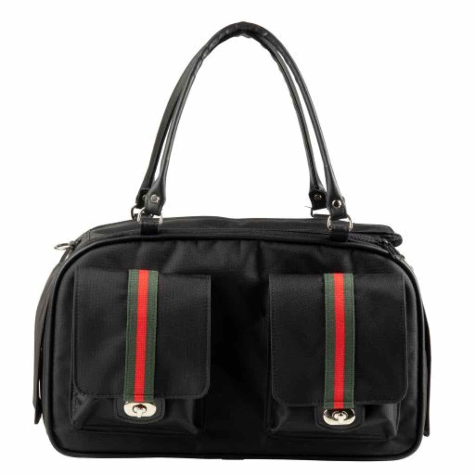 Designer Petote Marlee 2 dog purse in black nylon with red and green stripe detailing and dual top carrying handles.