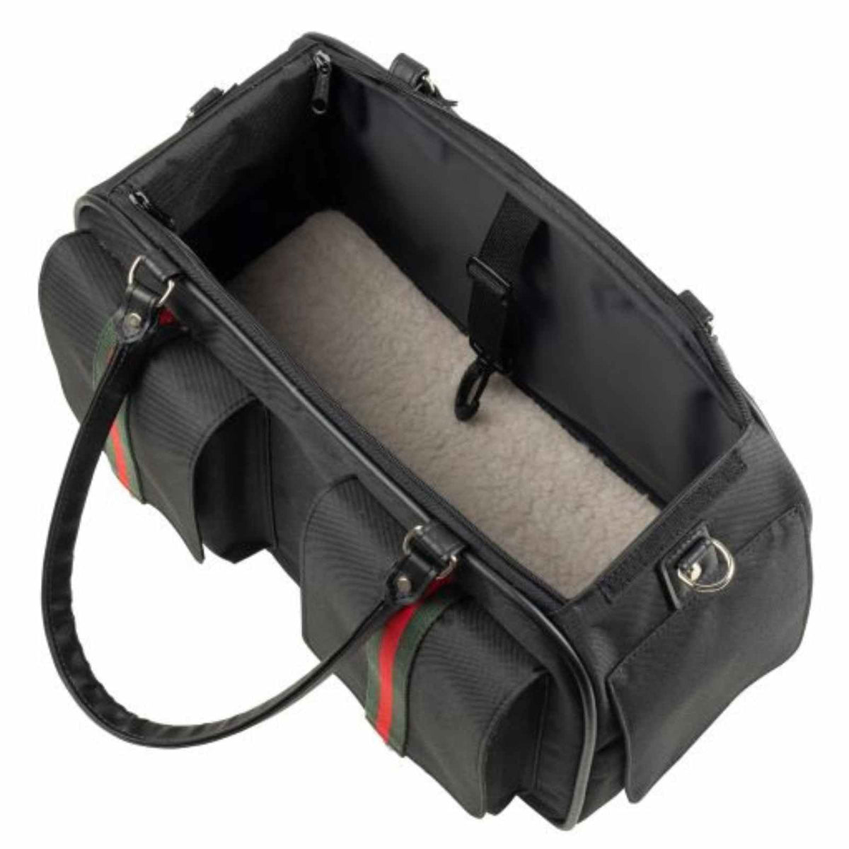 Interior of the Petote Marlee 2 showing the plush faux-fur lining, safety leash tether, and spacious top-loading opening.