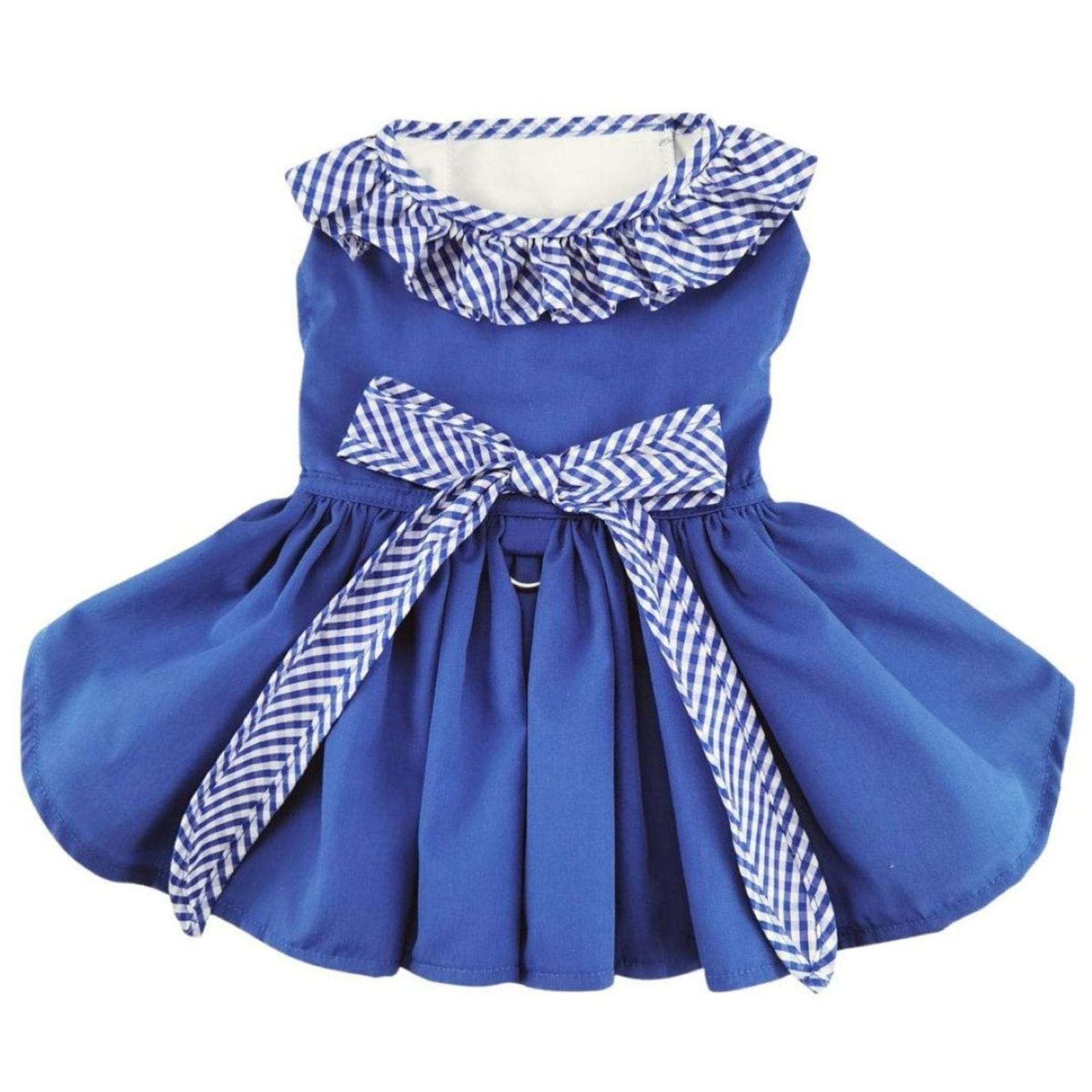 Blue Gingham Ruffle Harness Dog Dress on a white background