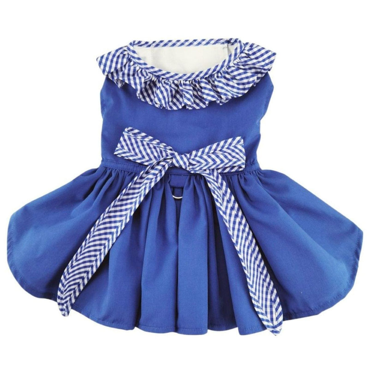 Blue Gingham Ruffle Harness Dog Dress on a white background