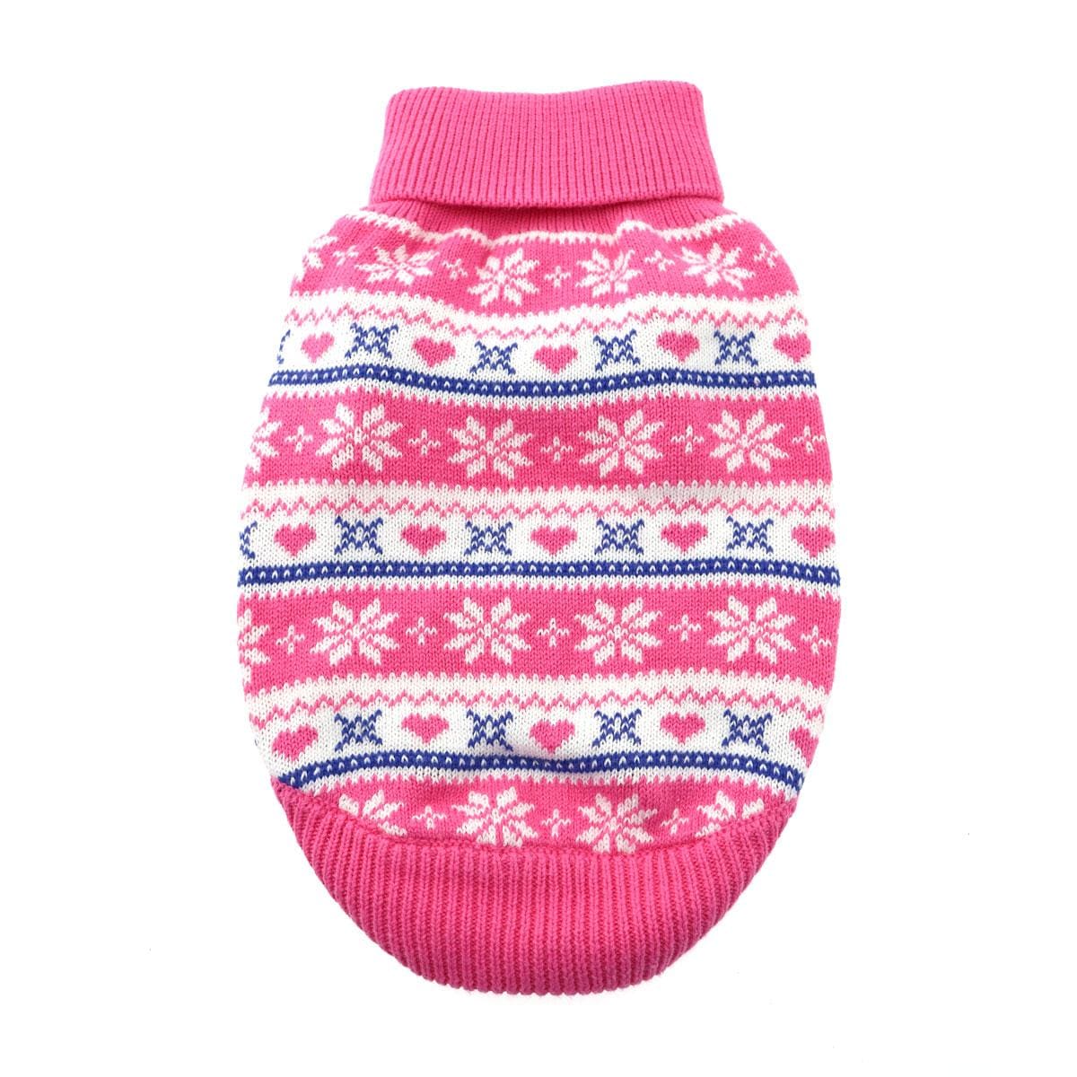Combed Cotton Cable Knit Dog Sweater - Pink Snowflake & Hearts