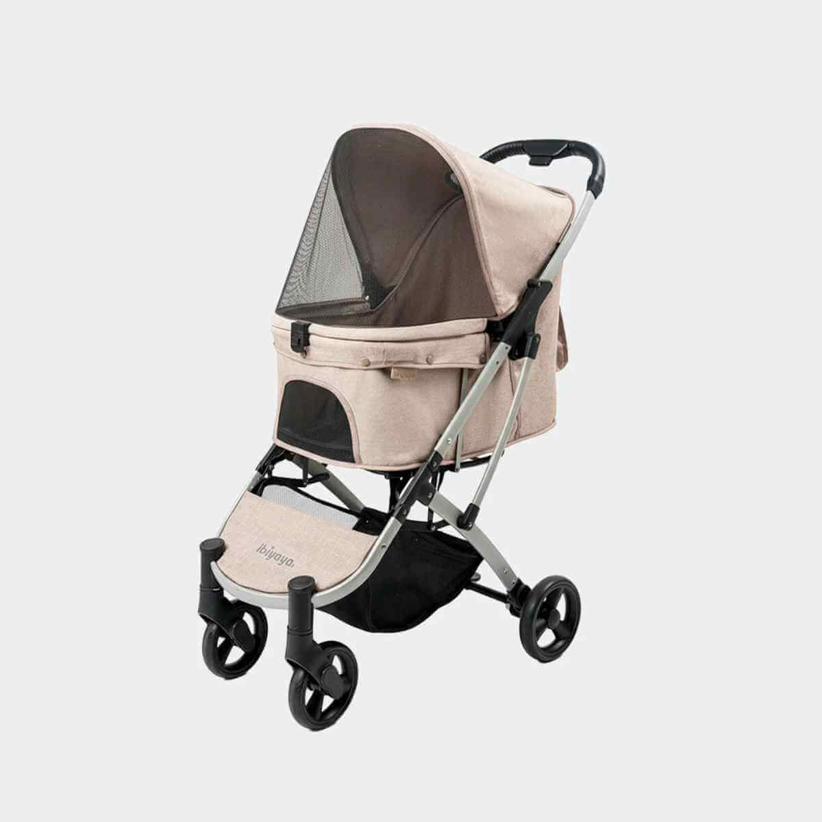 Front view of the Ibiyaya Evolution travel pet stroller for small dogs with the mesh canopy open