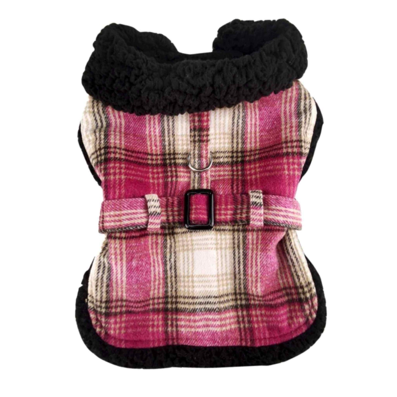 Plaid dog vest with black collar on a white background