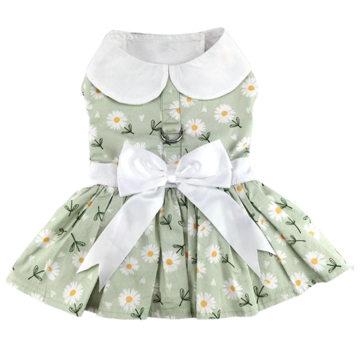 Mint Green Daisy Dog Dress with Matching Leash on a white background
