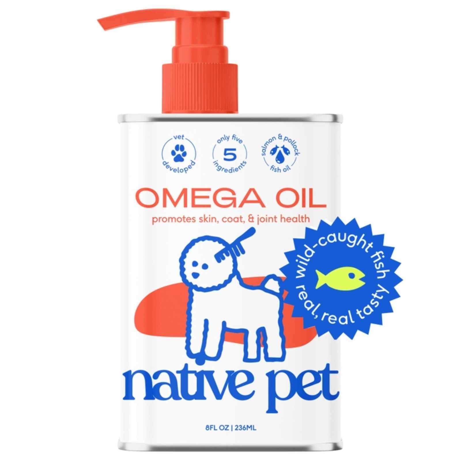 Bottle of Native Pet Omega Oil for small dogs on a white background