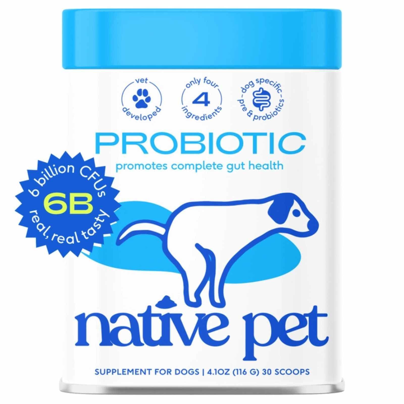 Native Pet probiotic supplement for dogs in a blue and white canister