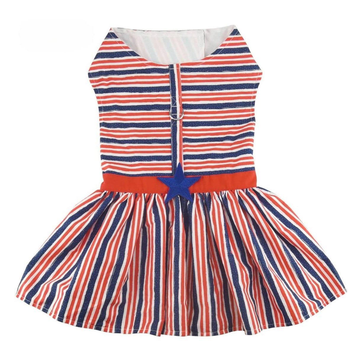 Red, white, and blue striped Patriotic Stars & Stripes Harness Dog Dress on a white background.