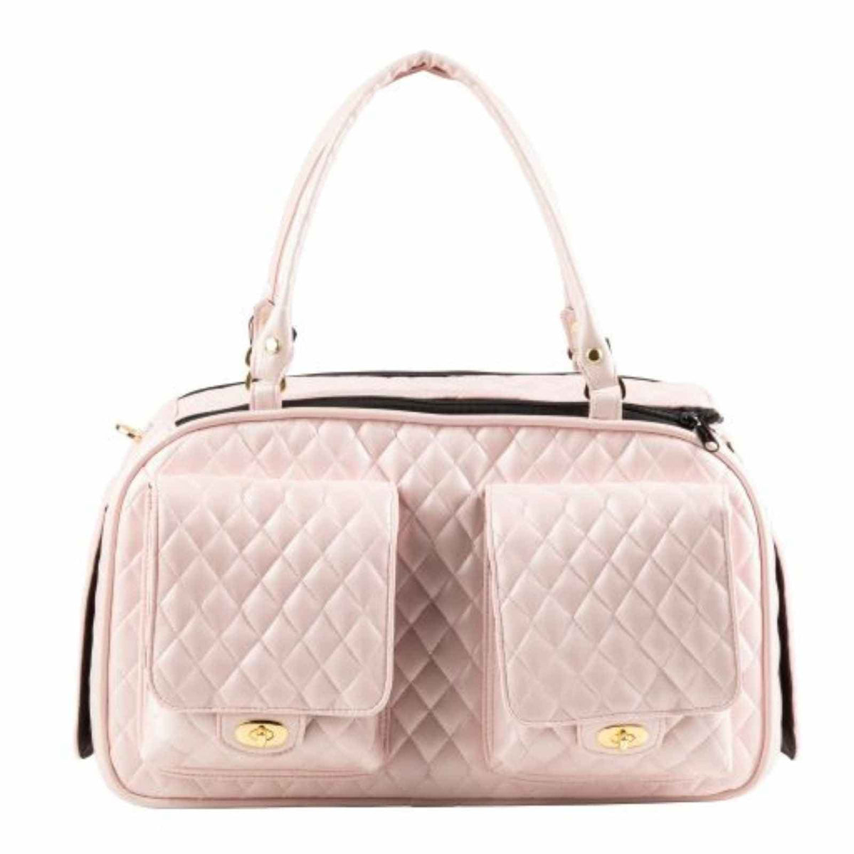 Pink quilted texture and two front storage pockets on the Marlee 2 dog carrier.