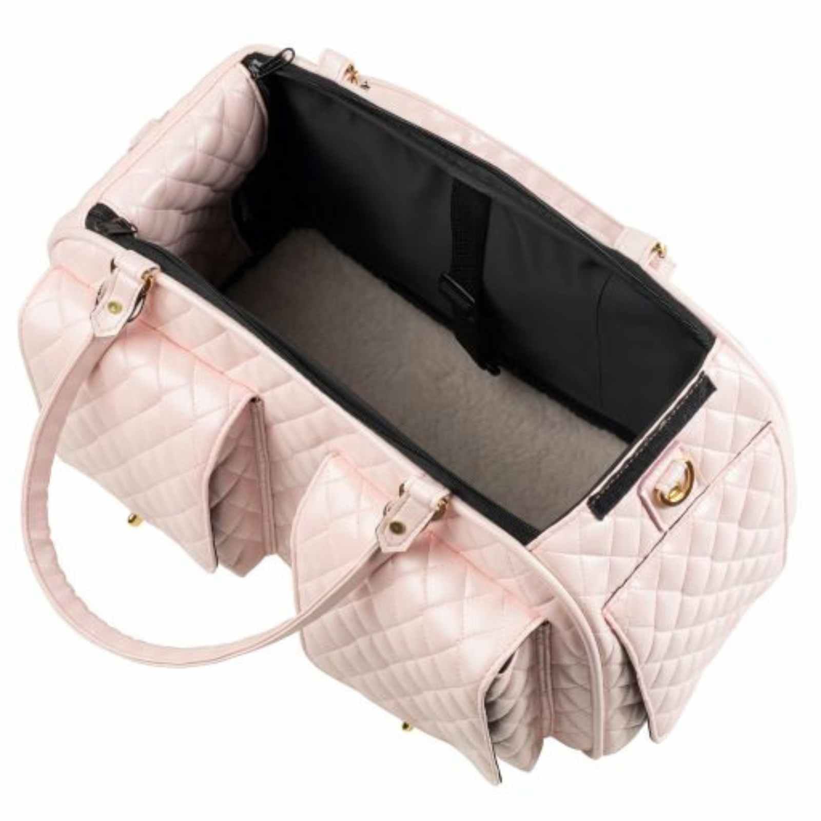 Soft faux-fur lining inside the pink Petote Marlee 2 pet carrier showing the integrated safety leash tether.