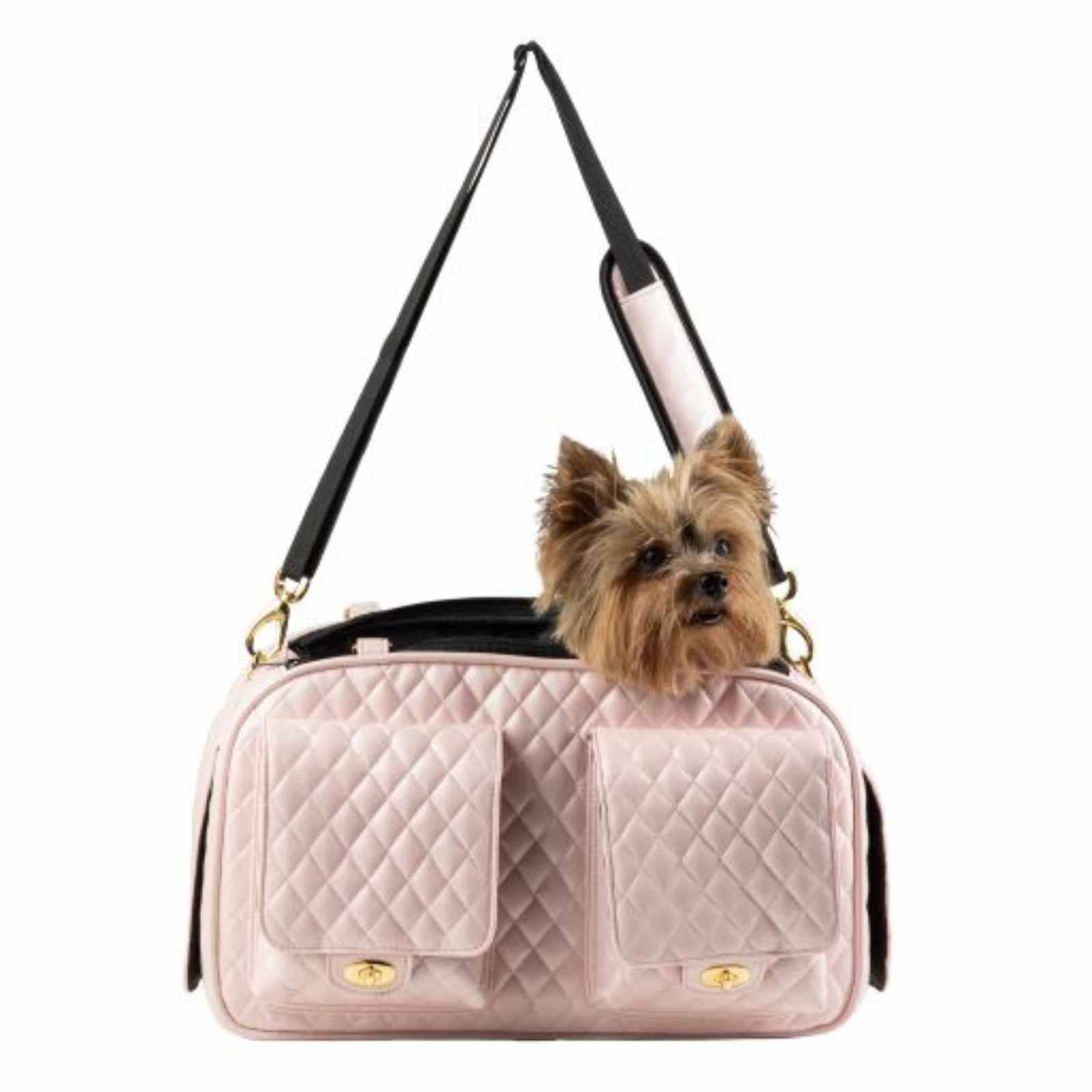 A small dog looking out of the top-loading opening of the Pink Quilted Marlee 2 designer pet carrier.