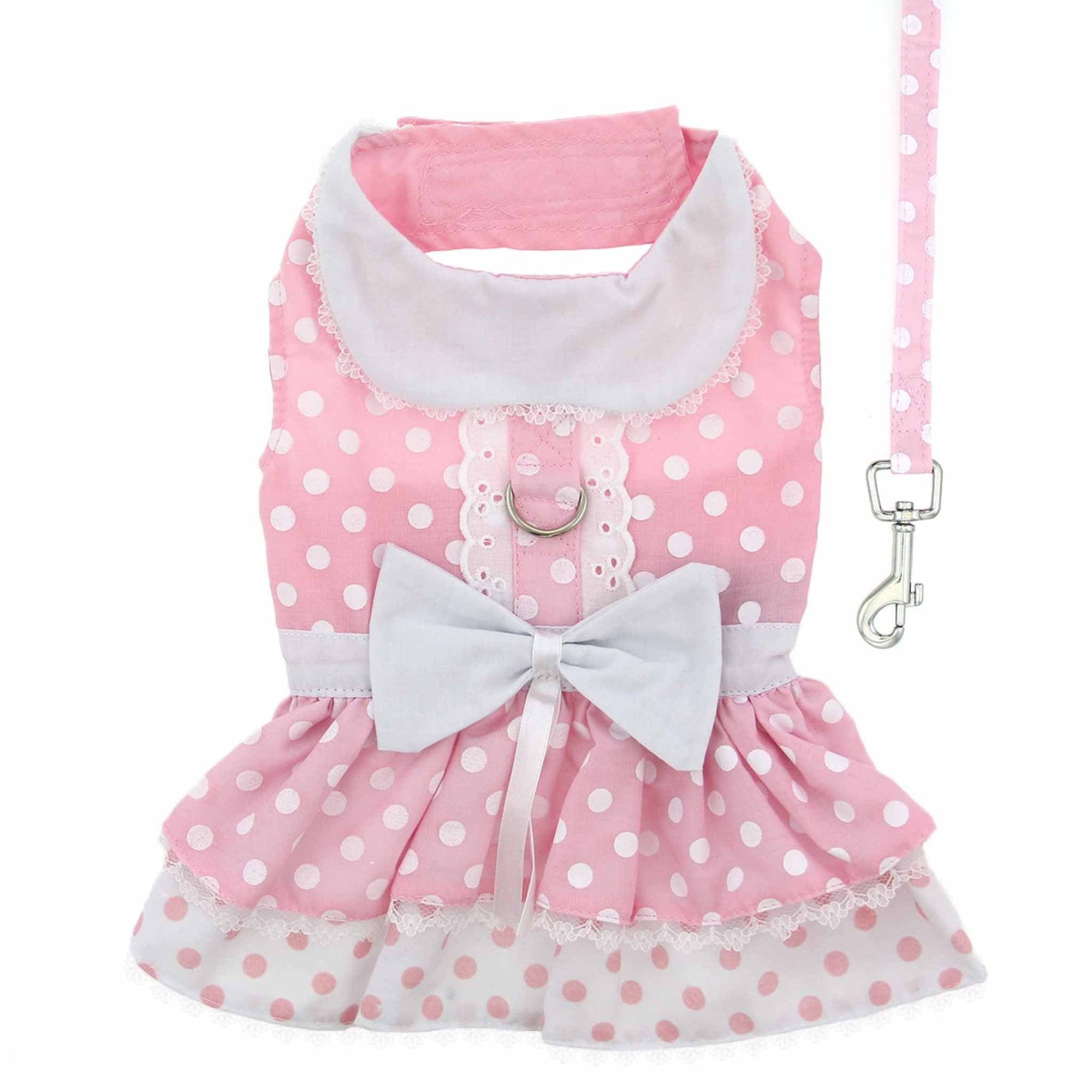 Pink Polka Dot and Lace Dog Dress Set with Leash X-Small
