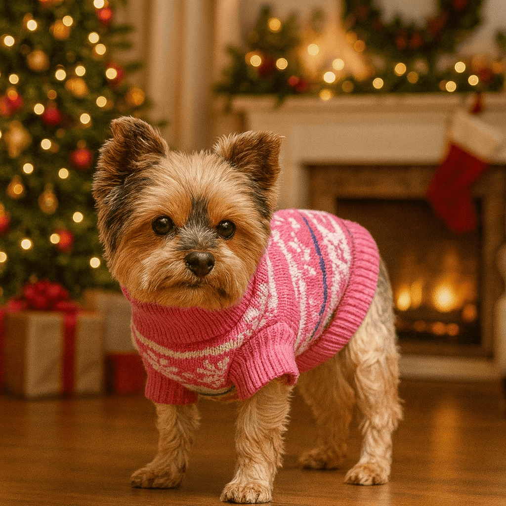 Pink Snowflake and Hearts dog sweater on a Yorkie.