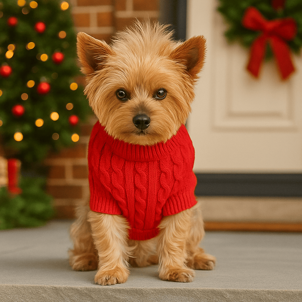 Small dog wearing a red sweater in front of a Christmas tree with lights and decorations.