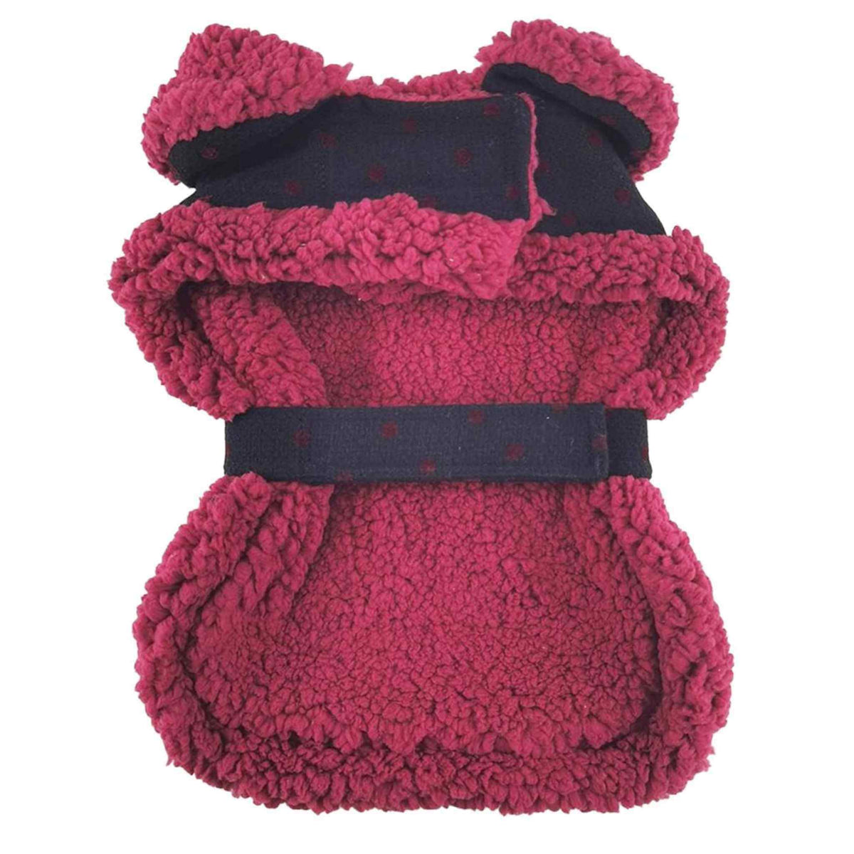 Sherpa-Lined Dog Coat – Black &amp; Burgundy Dots - belly view