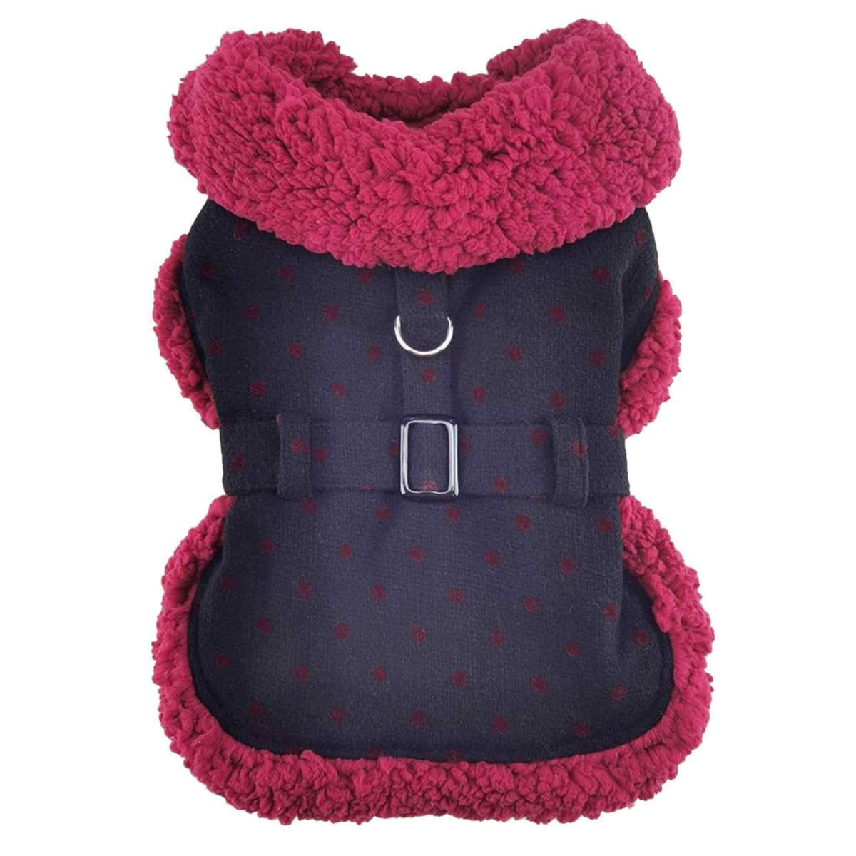 Sherpa-Lined Dog Coat – Black &amp; Burgundy Dots