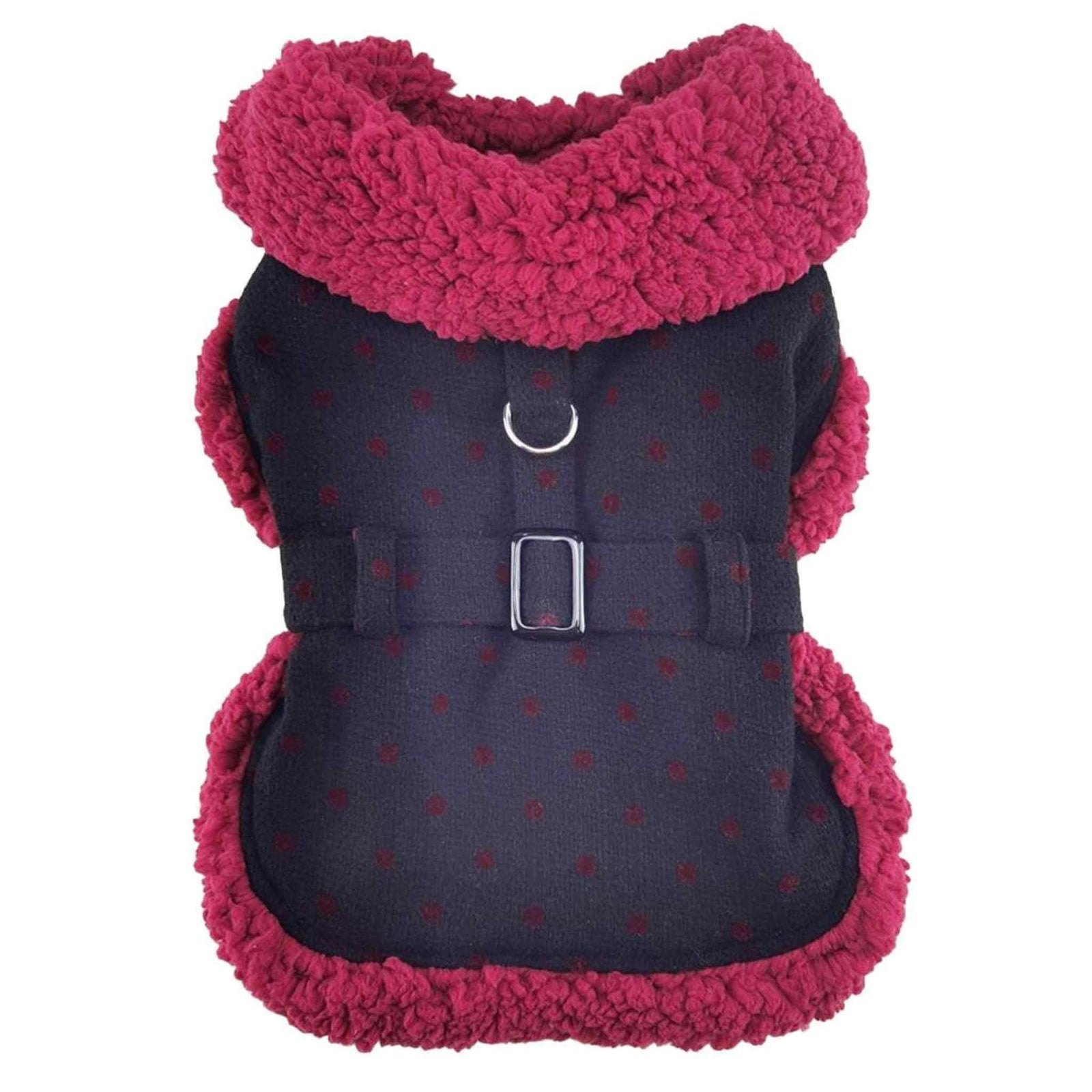 Sherpa-Lined Dog Coat – Black & Burgundy Dots