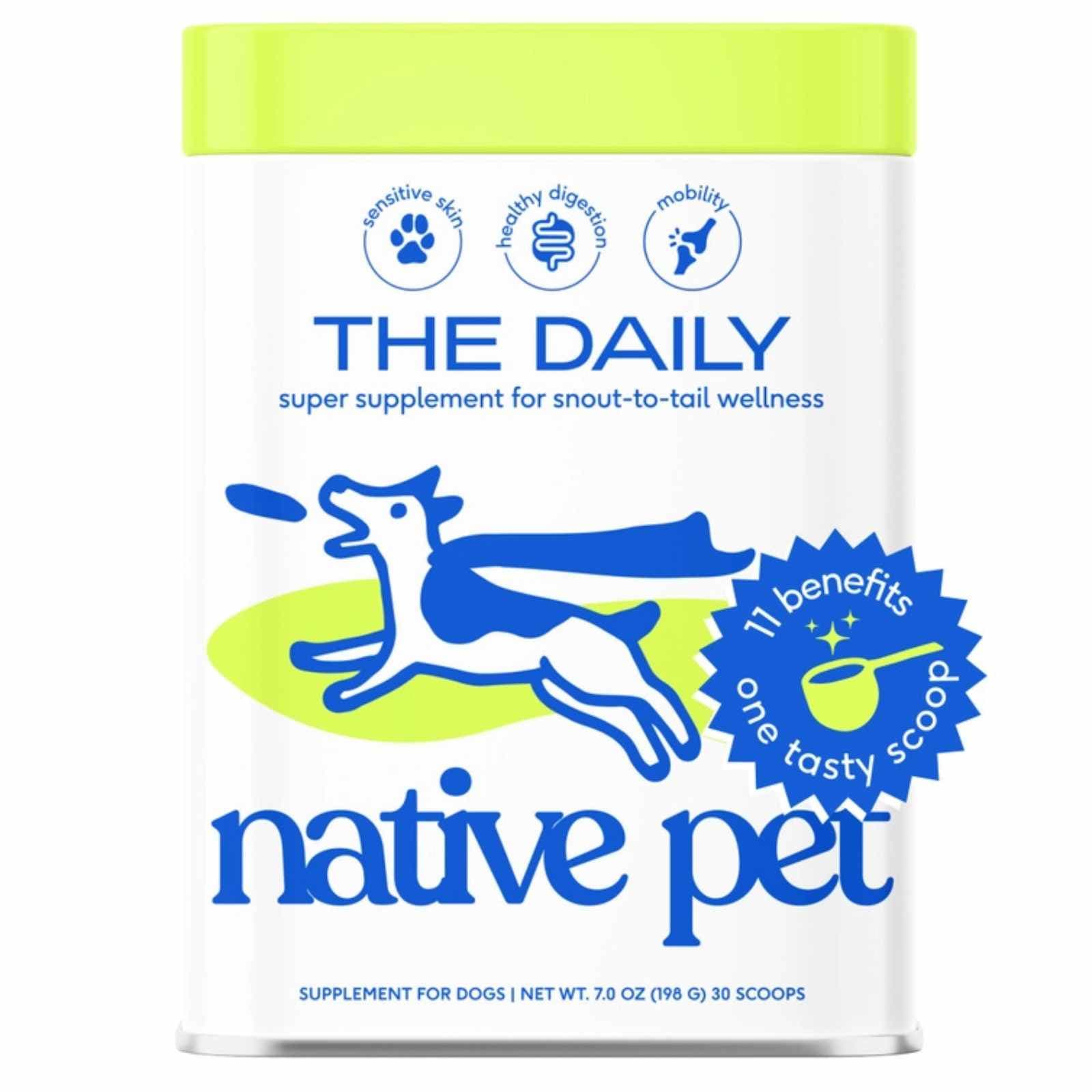Canister of 'The Daily' native pet small dog supplement with a green lid and blue text on a white background.