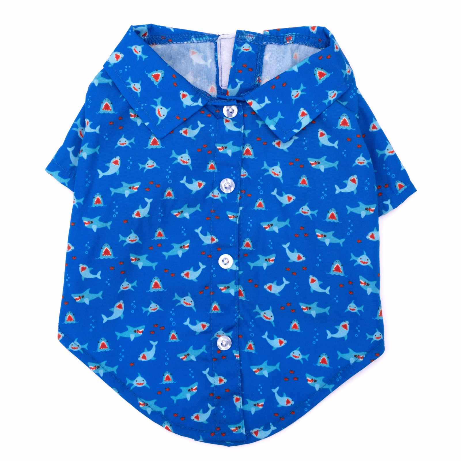 The Worthy Dog blue dog shirt with a shark pattern. 