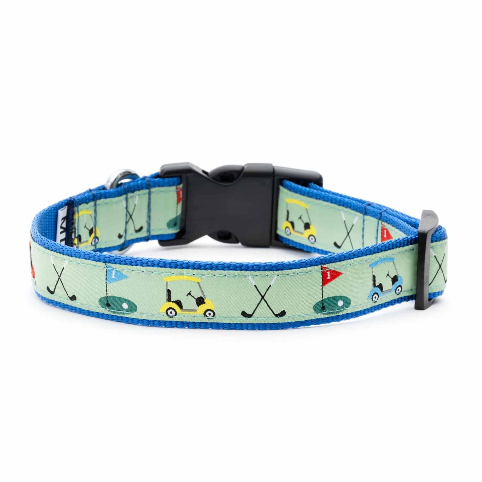 Green Worthy Dog dog collar with golf-themed design on a white background