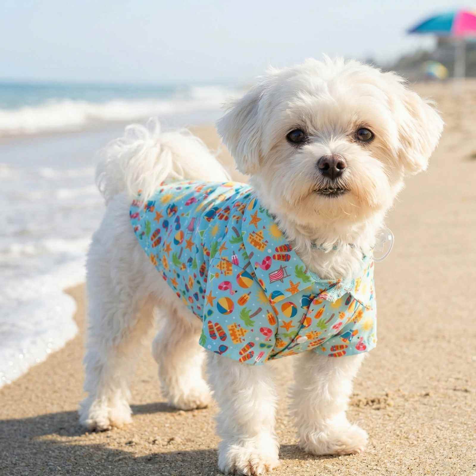 Small white dog on a beach wearing a Worthy Dog beach themed shirt