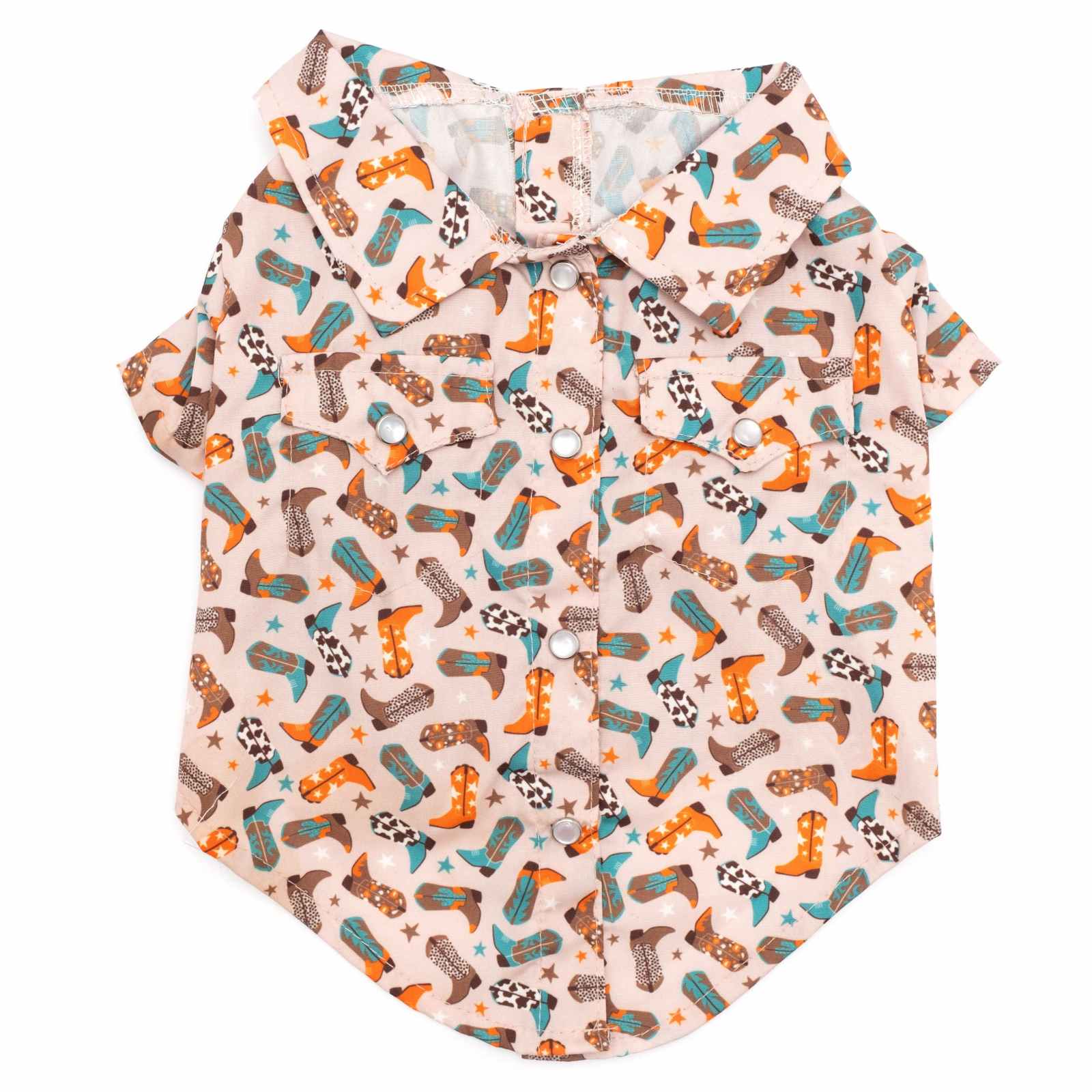 A small dog shirt with cowboy boot pattern on a white background