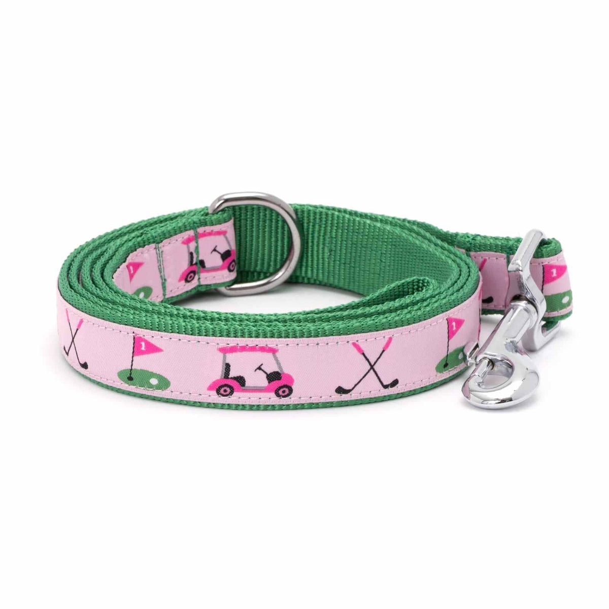 Worthy Dog pink golf-themed 5 foot long dog leash on a white background